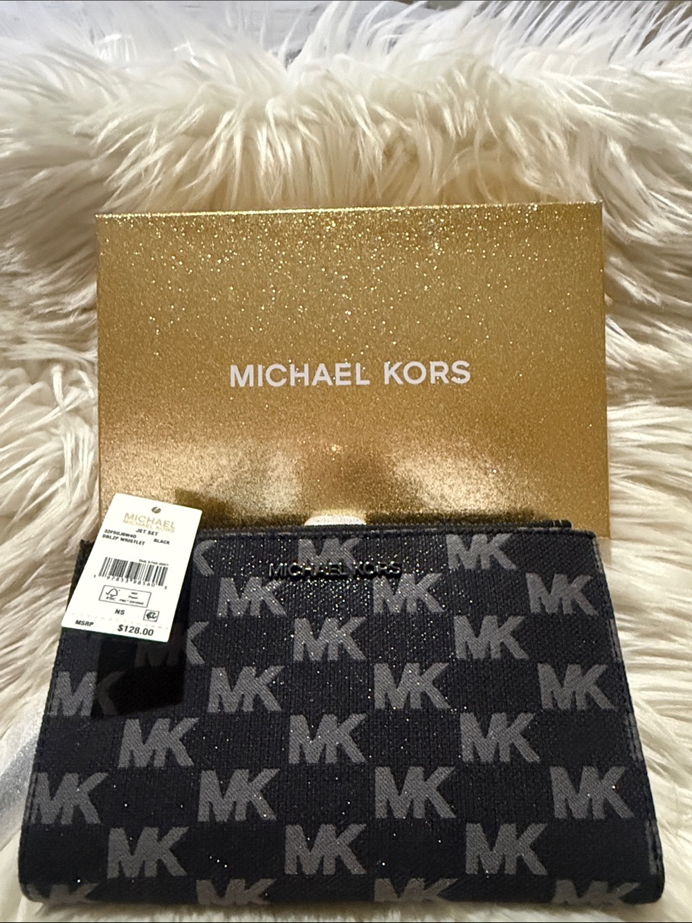 Michael Kors Black MK Logo Zip Card Case with Silver Accent
